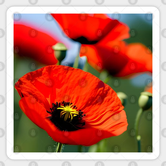 Close Up in a Field of Red Poppies (MD23Mrl009) Sticker by Maikell Designs